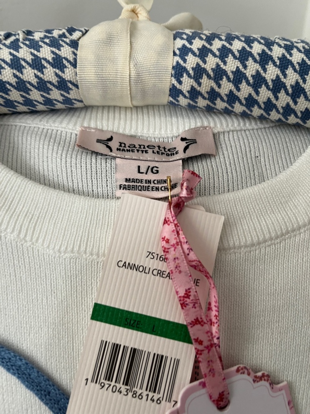 Nannette White Sweater with Blue Bow and Striped Hem - Picture 5 of 7